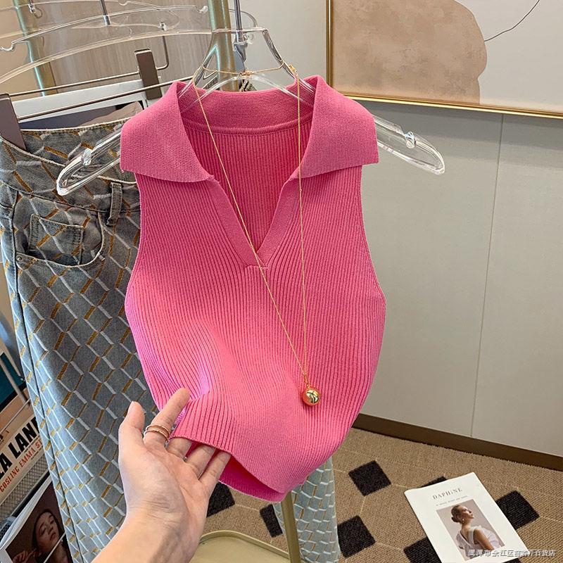 Áo sweater Lụa Lạnh Mỏng Không Tay Cổ Polo Thời Trang Mùa Hè Cho Nữ