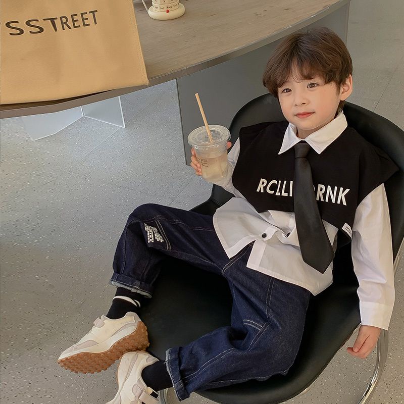 Set Áo Sơ Mi Tay Dài + Áo Khoác Ghi Lê Thời Trang Cho Bé Trai