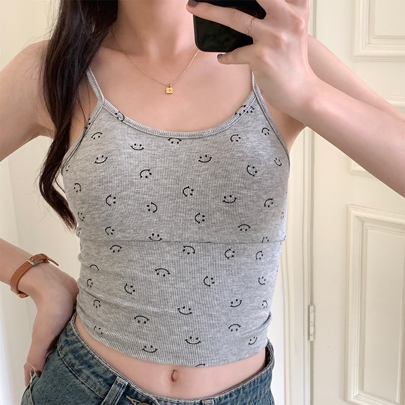 Porozi  Áo Hai Dây Hở Lưng Dáng Ôm In Hình Mặt Cười Màu Đen Thời Trang Mùa Xuân Quyến Rũ Cho Nữ