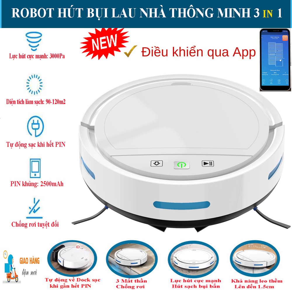 Robot Lau Nhà Hút Bụi, Robot HC002. Điều khiển qua APP điện thoại, tự sạc, chạy lập trình,lực hút mạnh.Robot HC002