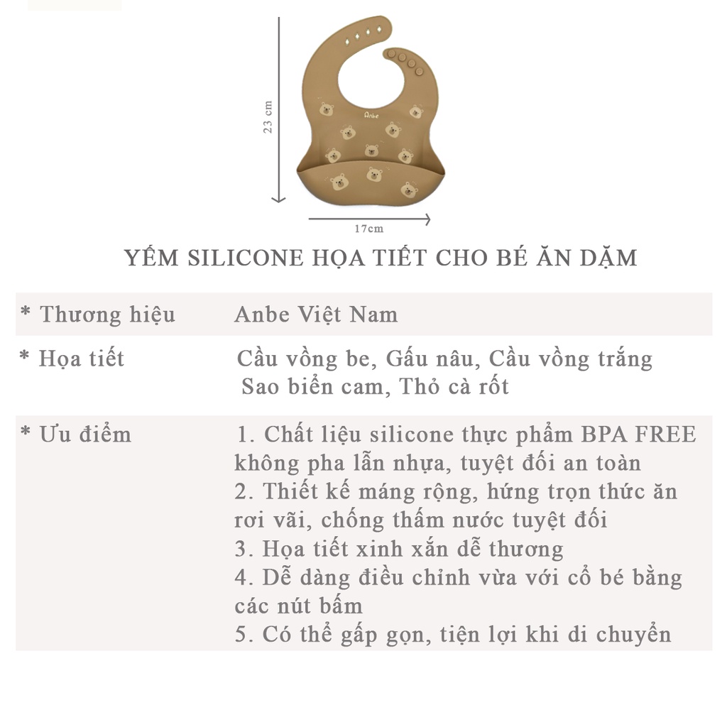 Yếm Silicon Ăn Dặm Blw Cho Bé Trai Gái Có Máng Chống Thấm ANBE VIETNAM An Toàn Chất Lượng Cao YAD02