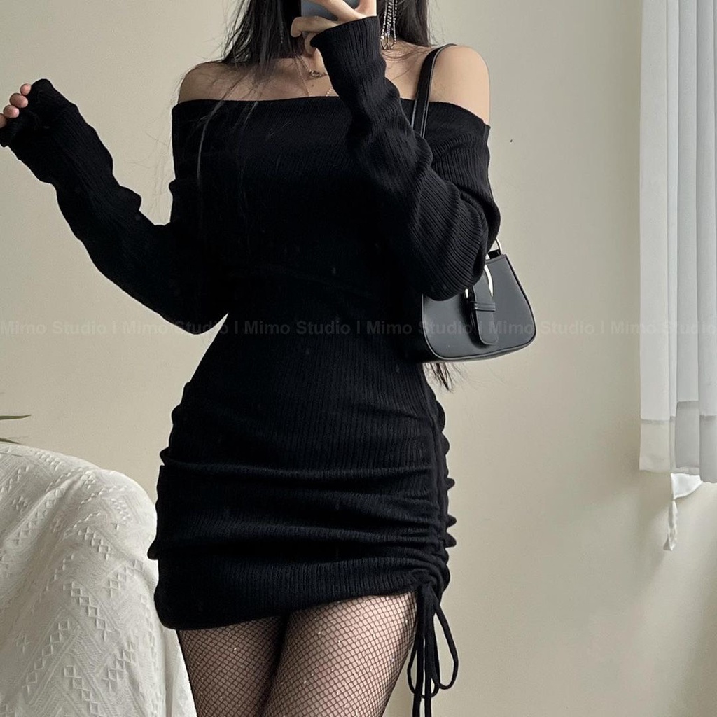 - Quà tặng sinh nhật,bạn gái, nữ,tết Đầm body trễ vai rút 1 bên thun tăm