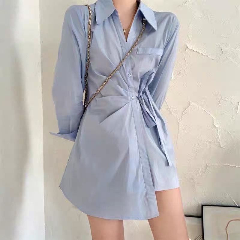 Áo đầm sơ mi dài xếp ly eo thắt nơ vạt lệch MS681