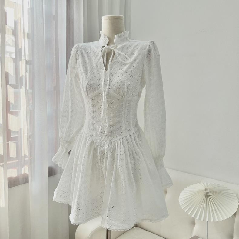Váy Thô Ren Trắng Cổ V Tay Chun Tiểu Thư Siêu Xinh Hàng 2 Lớp Samiboutique