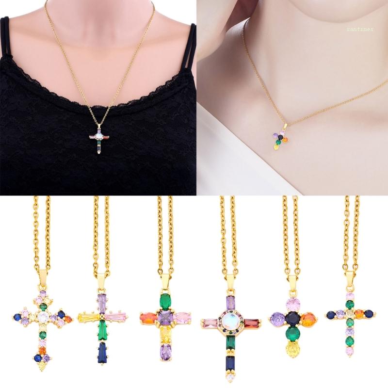 Vòng cổ Mặt Chữ Thập Đính Đá Zircon Pha Lê Nhiều Màu Thời Trang Cho Nữ