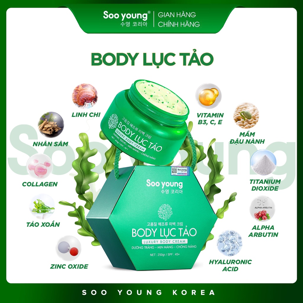 Kem Body Lục Tảo SOOYOUNG KOREA dưỡng trắng mịn màng 250g