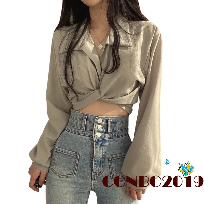 Áo Croptop Tay Dài Cổ Chữ V Màu Sắc Thanh Lịch Cho Nữ