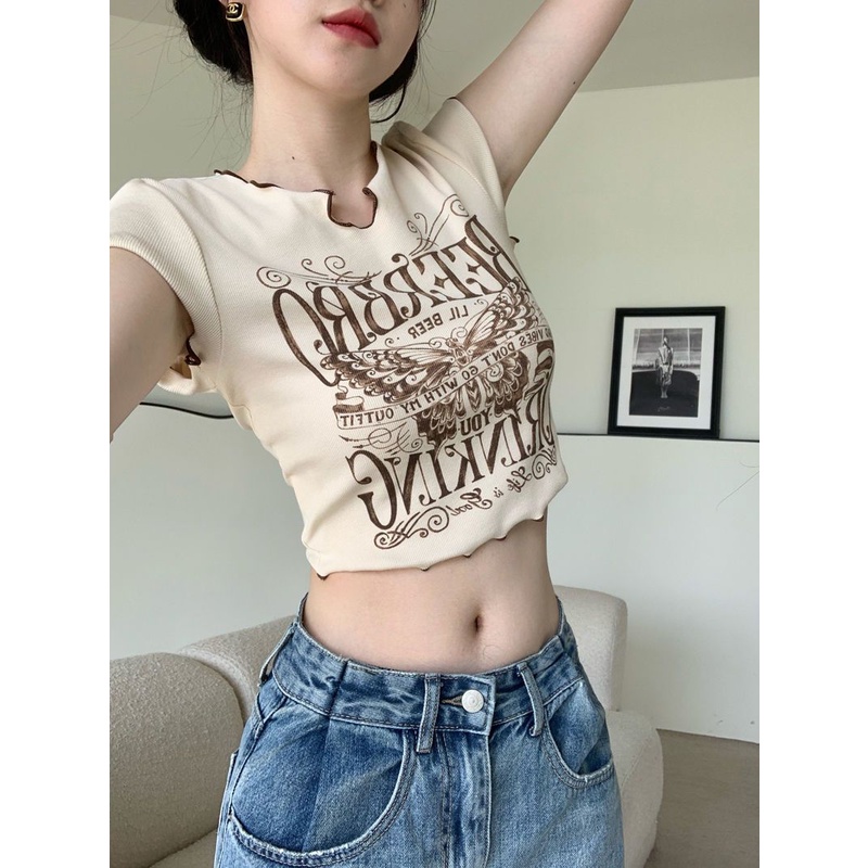 Áo Thun Ngắn Hở Rốn Dáng Ôm In Họa Tiết Vintage Thời Trang Mùa Hè Hàng Mới Dành Cho Bạn