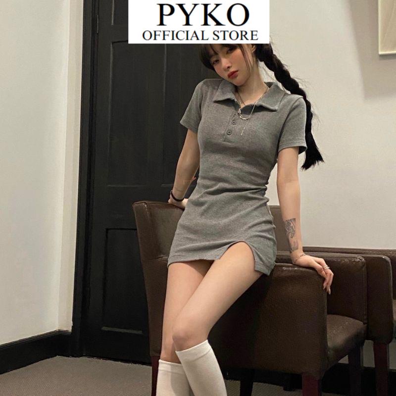 Đầm ôm body cổ Polo xẻ một bên Pyko, Váy ôm body cổ bẻ sexy chất thun gân tăm thiết kế đi dự tiệc
