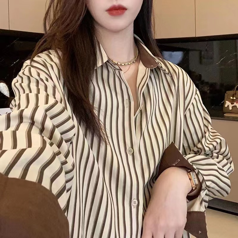 Áo Sơ Mi Tay Dài Kẻ Sọc Màu Sắc Tương Phản Phong Cách Hàn Quốc Thời Trang Cho Nữ