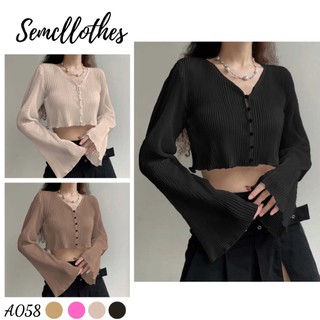 Áo baby tee croptop nữ tay dài loe cổ chữ V chất thun dập ly A058 Semclothes