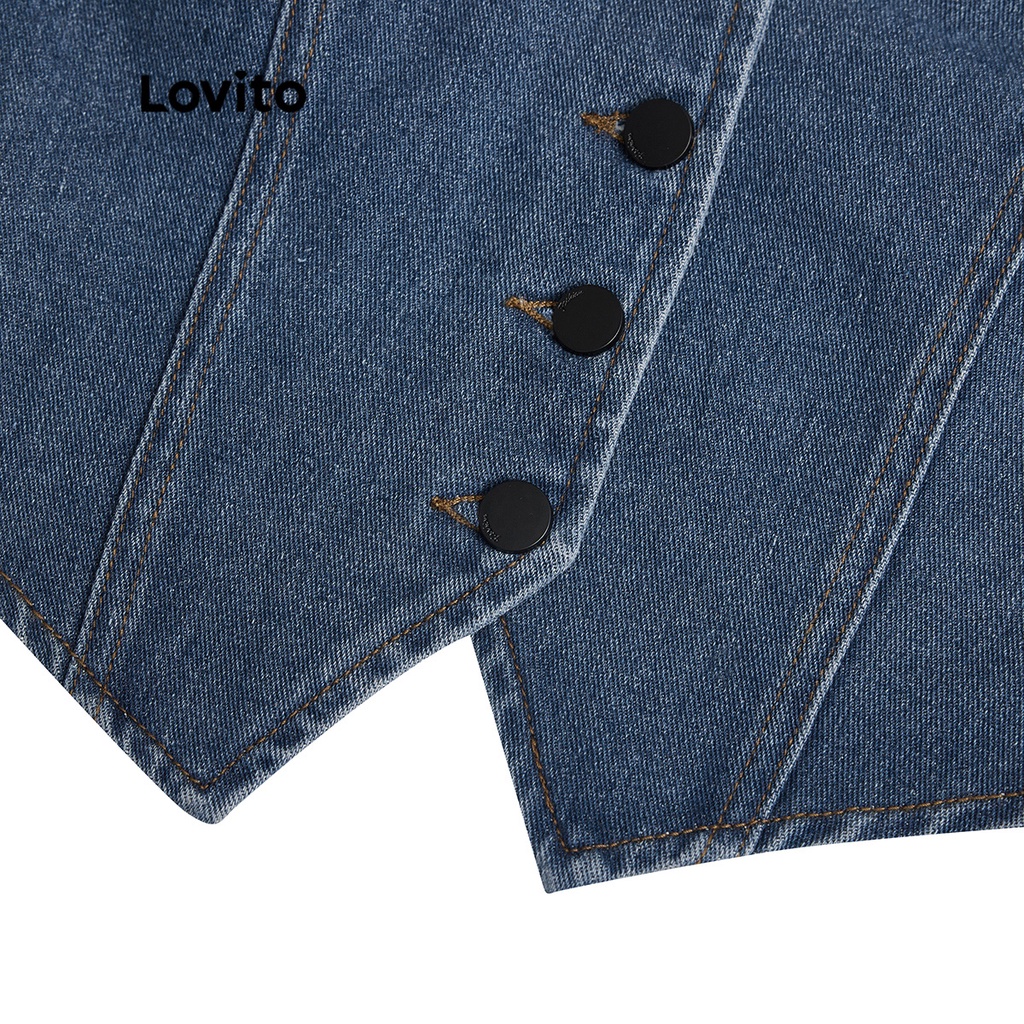 Lovito Thường Thường Thiết kế nút viền không đều Màu Camisole Phụ nữ Denim Vest Top L37AD070 (Xanh hải quân) | BigBuy360 - bigbuy360.vn