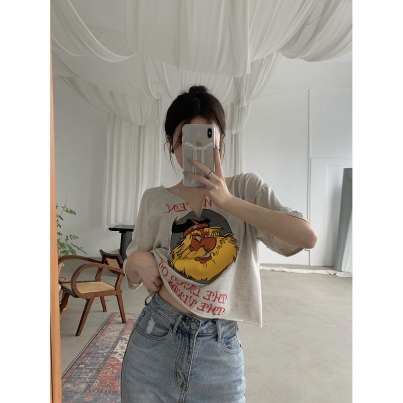 Jiashucheng Áo Thun Ngắn Tay Cổ Chữ V Form Rộng Phong Cách Retro Mỹ