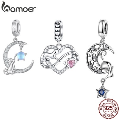 BAMOER Mặt Dây Chuyền Bạc 925 Hình Mèo Và Mặt Trăng Thời Trang Sc1140