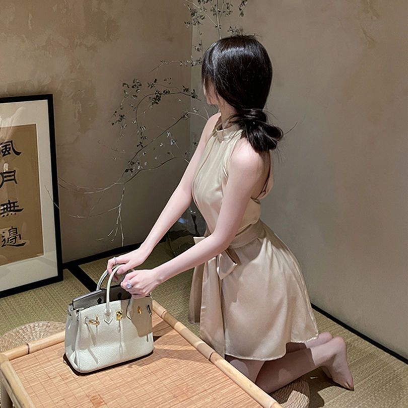 2023 satin high-grade sleeveless dress women's French off-shoulder sexy socialite temperament waist-tied short dress CJJY