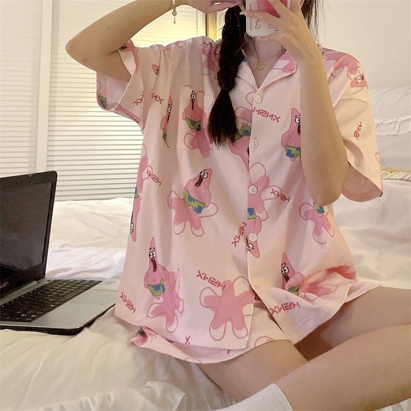 Bộ Đồ Ngủ Ngắn Tay Dáng Rộng In Họa Tiết Hoạt Hình Theo Phong Cách Mùa Hè Hàn Quốc Dành Cho Nữ