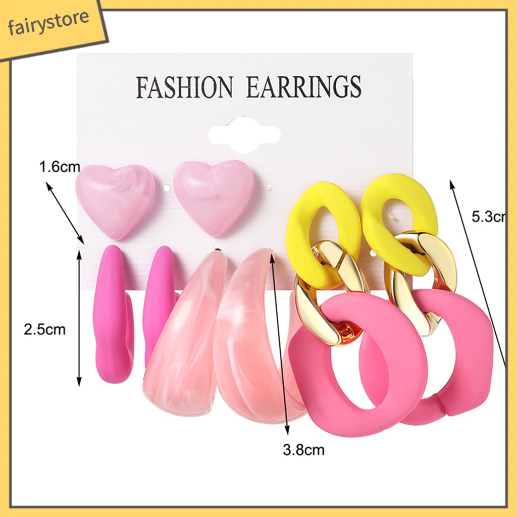 Set 1 / 4 / 6 Đôi Khuyên Tai Hình Học Trái Tim Màu Sắc Ngọt Ngào Bằng Acrylic