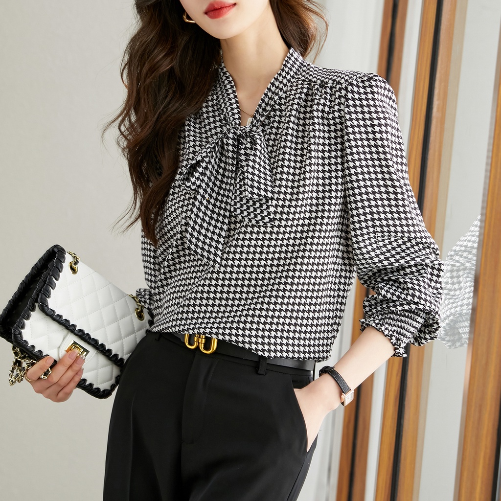 Áo Sơ Mi Cao Cấp Thắt Dây Họa Tiết Houndstooth Phong Cách Mới 2023 Cho Nữ