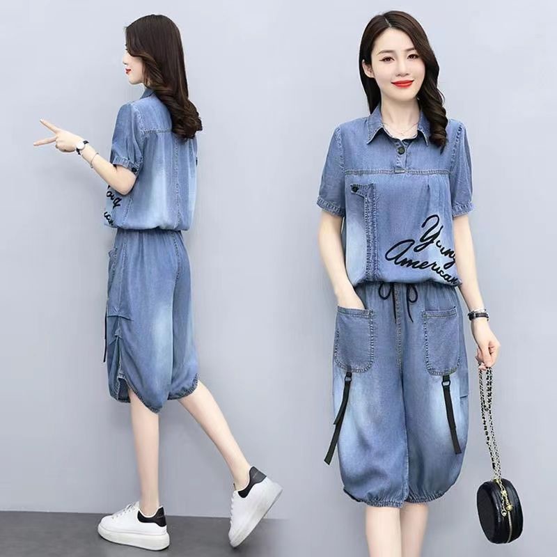 Set Áo Thun Ngắn Tay Và Quần Short Denim Phong Cách Hàn Quốc Thời Trang Mùa Hè Mới Cho Nữ Cho Nữ