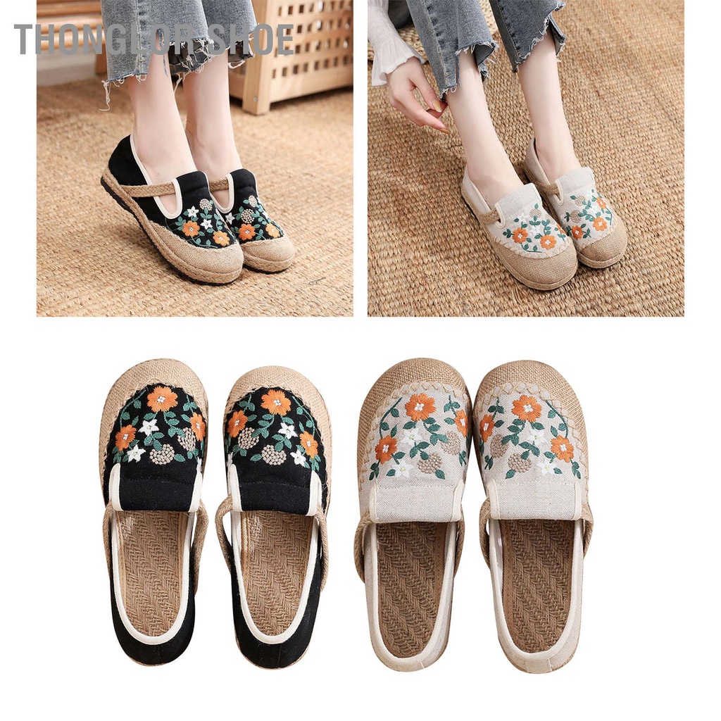 Thonglor Shoe Giày bít mũi bằng vải lanh có ống hút Phẳng thoáng khí Mềm nhẹ nữ thêu hàng ngày run 2 u