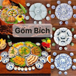 11 mẫu bộ bát đĩa hoa mặt trời men lam vẽ hoa thủ công - gốm sứ bát tràng bộ đồ ăn cao cấp