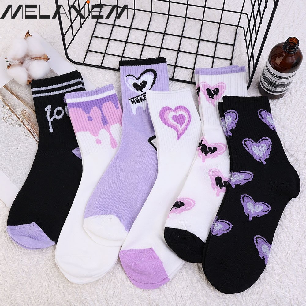 1 Đôi Vớ Cotton Mềm Thoáng Khí Thoải Mái Màu Tím In Họa Tiết Trái Tim Phong Cách Hàn Quốc Dễ Thương Cho Nữ