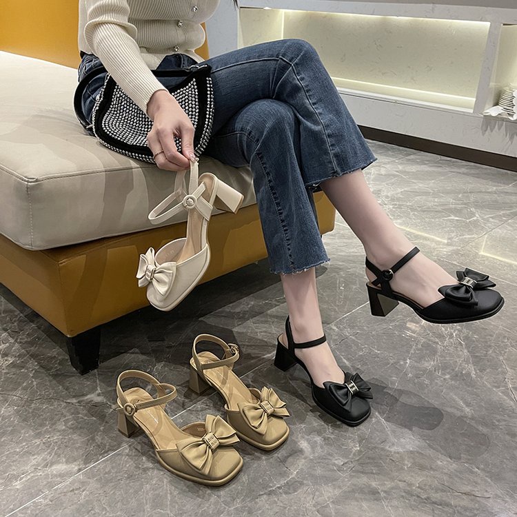 Giày Cao Gót Mũi Tròn Thắt Nơ Xinh Xắn Thời Trang