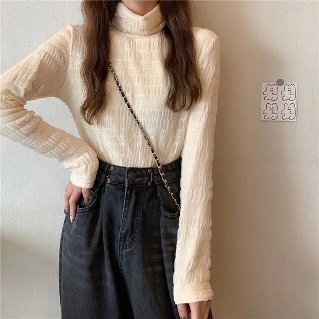 COZOK Áo Thun Dài Tay Cổ Cao Phối Ren Xinh Xắn Dành Cho Nữ