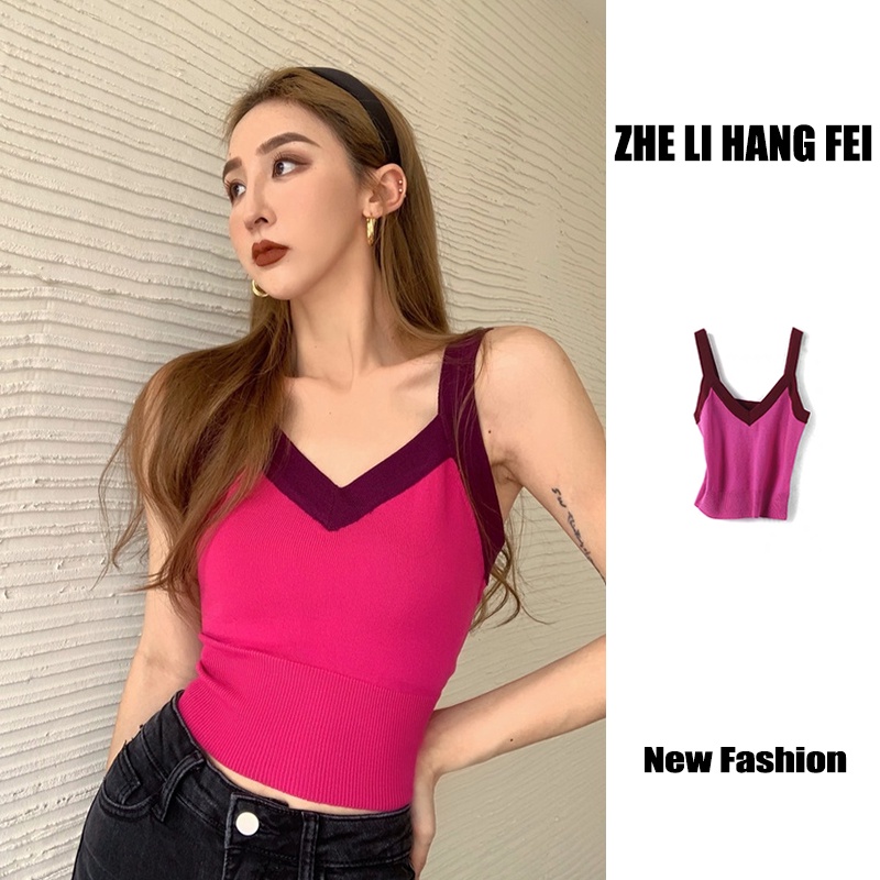 ZHELIHANGFEI Áo Croptop Dệt Kim Không Tay Lưng Cao Gợi Cảm Cho Nữ