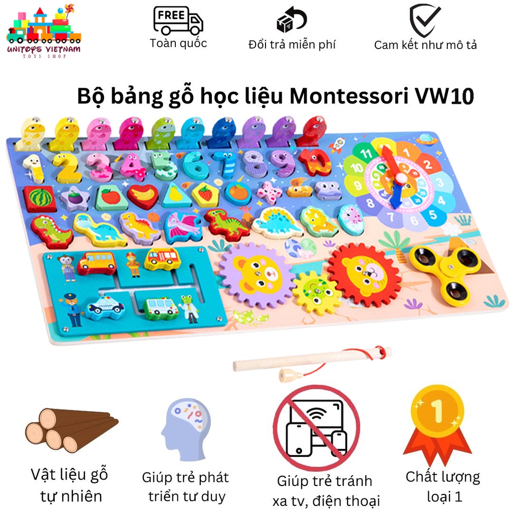 Bộ bảng gỗ đa năng câu cá nam châm, spinner, ghép hình, con số bảng học liệu montessori cho bé Unitoys VW10