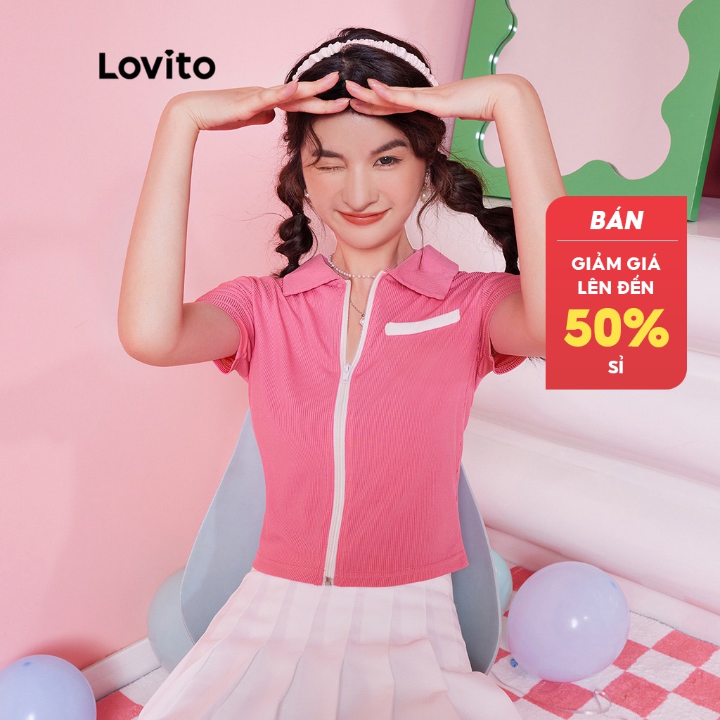 Áo thun (Lovito Exclusive) DOPAMINE GIRLS Dây kéo trơn Colorblock Polo Collar Preppy L28AE030 (Đỏ hồng)