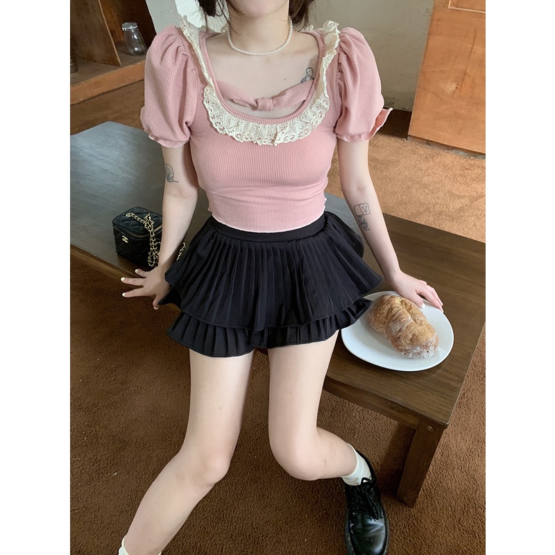 Áo Thun Ngắn Mỏng Tay Phồng Màu Trơn Phối Ren Thời Trang Mùa Hè Cho Nữ