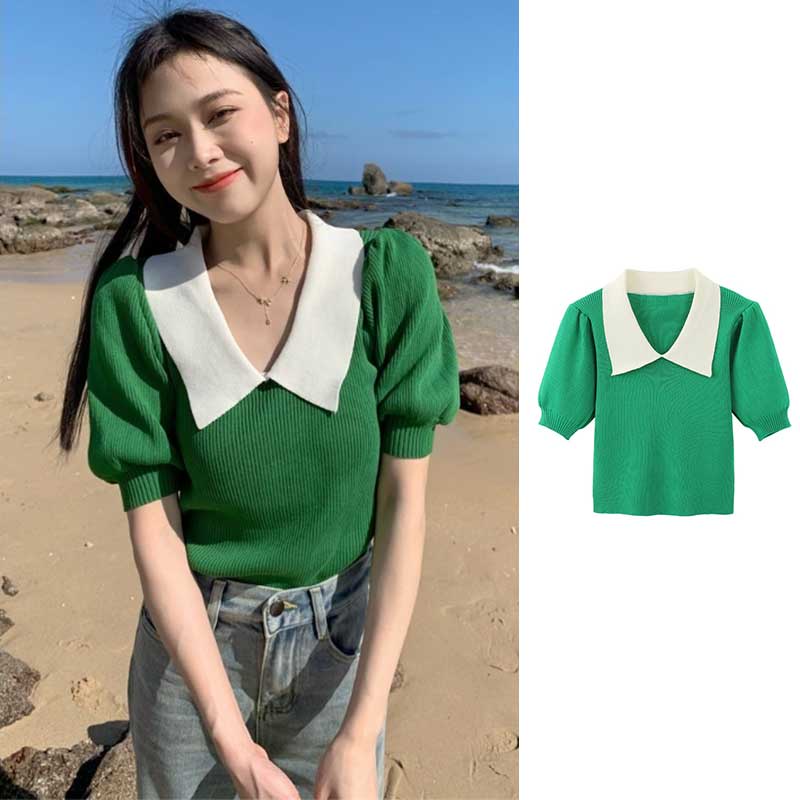 Áo Thun Dệt Kim Tay Ngắn Phồng Cổ Bẻ Thời Trang Mùa Hè Mới Cho Nữ