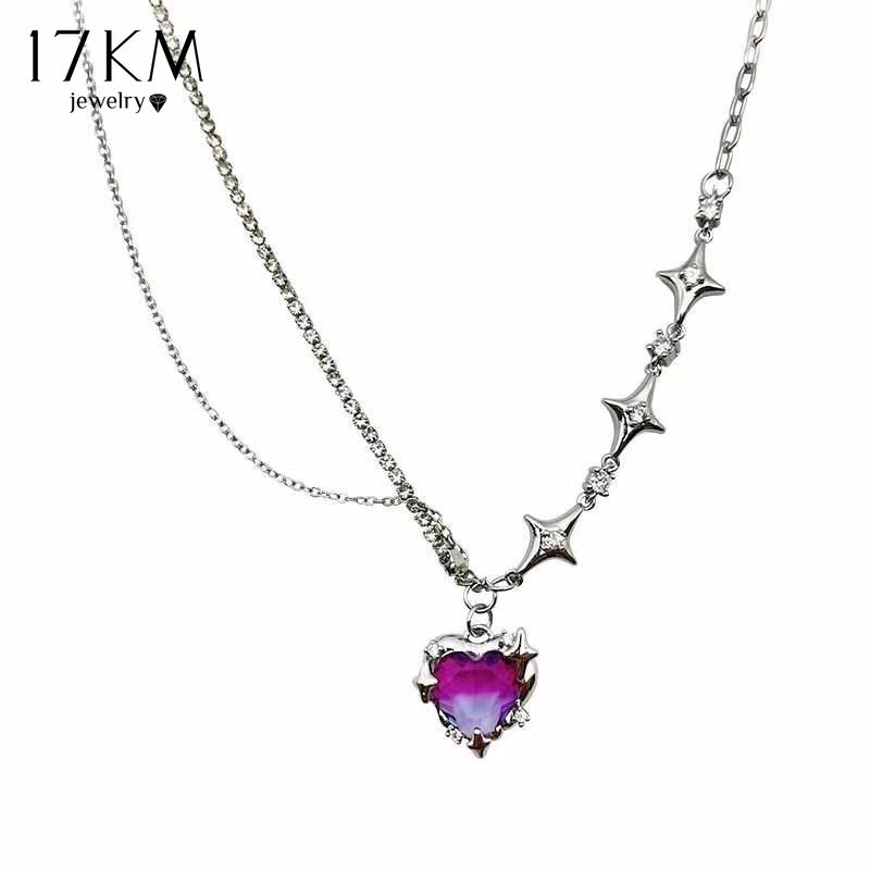 Dây chuyền 17KM mặt trái tim màu hồng đính đá zircon nhân tạo phong cách Y2K cá tính ngọt ngào