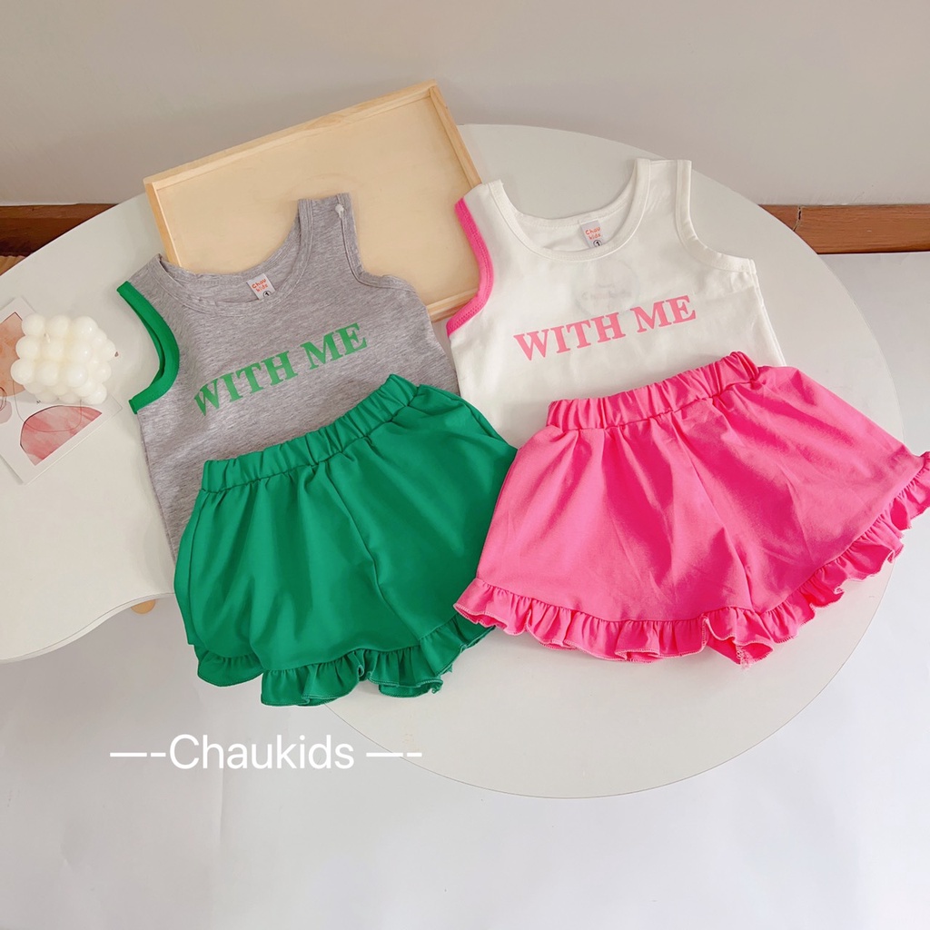 Bộ hè cho bé gái , Sét bộ áo cotton 3 lỗ With Me phối quần viền bèo siêu đẹp cho bé gái.