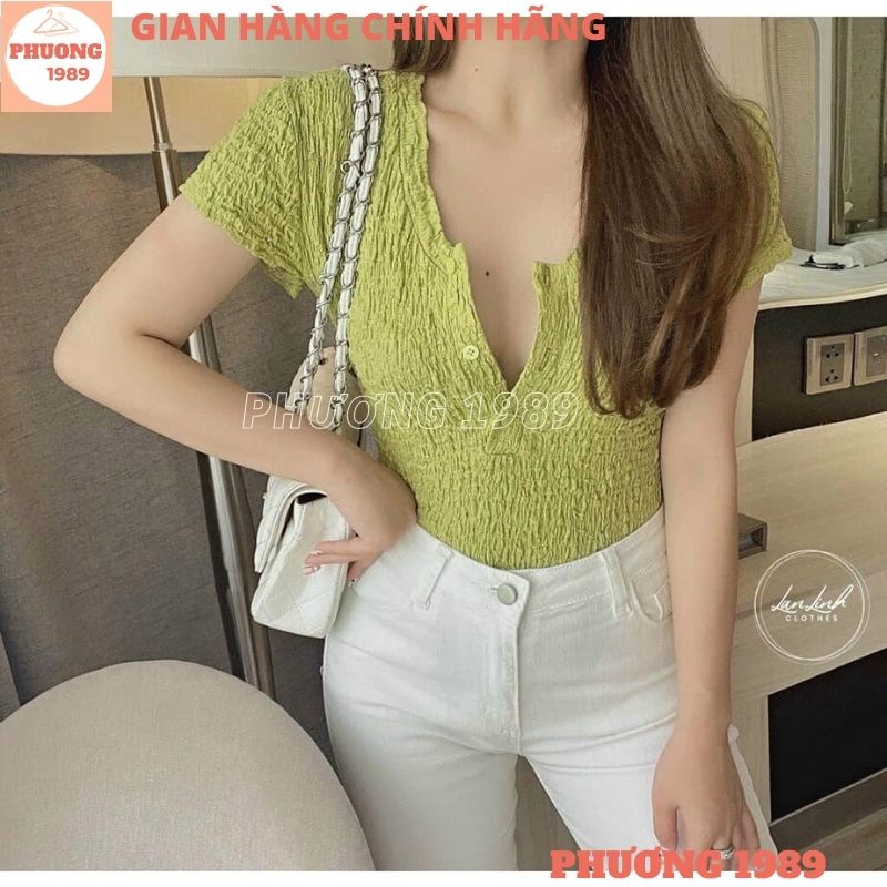 Áo thun xốp nhăn ngắn tay cổ V khuy ngực tôn dáng, Áo trơn kiểu dáng ôm body co giãn thoải mái siêu sexy siêu đẹp - 1989