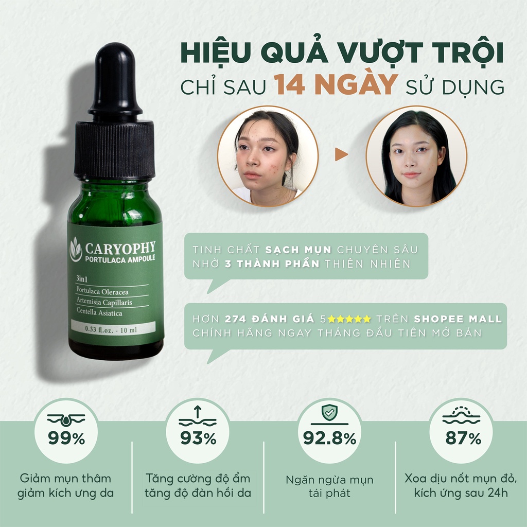 Serum rau má giảm mụn mờ thâm Caryophy Portulaca Ampoule (10ml 30ml)