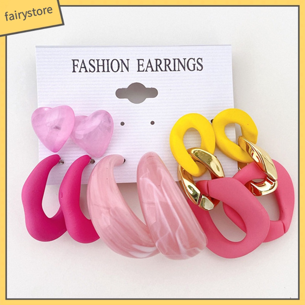 Set 1 / 4 / 6 Đôi Khuyên Tai Hình Học Trái Tim Màu Sắc Ngọt Ngào Bằng Acrylic
