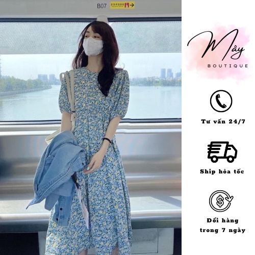 Váy Xanh Hoa Nhí Chun Eo Tay Bồng, Đầm hoa dáng dài chất thô mềm siêu xinh