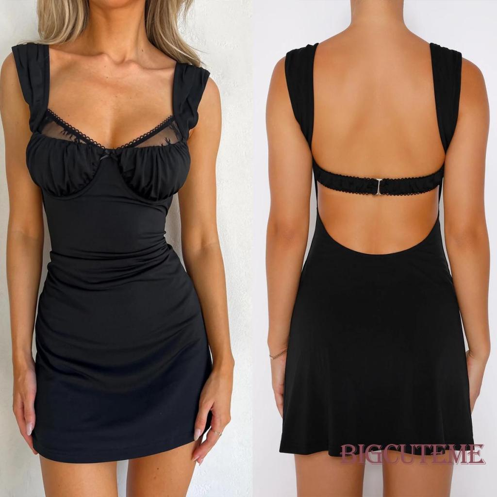 Đầm Hai Dây Mini Màu Đen Hở Lưng Thời Trang Mùa Hè Cho Nữ