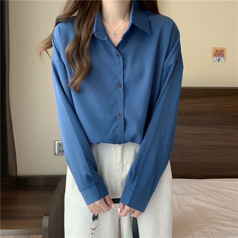 Áo Sơ Mi Nữ Dài Tay Dáng Rộng Màu Trơn Mới