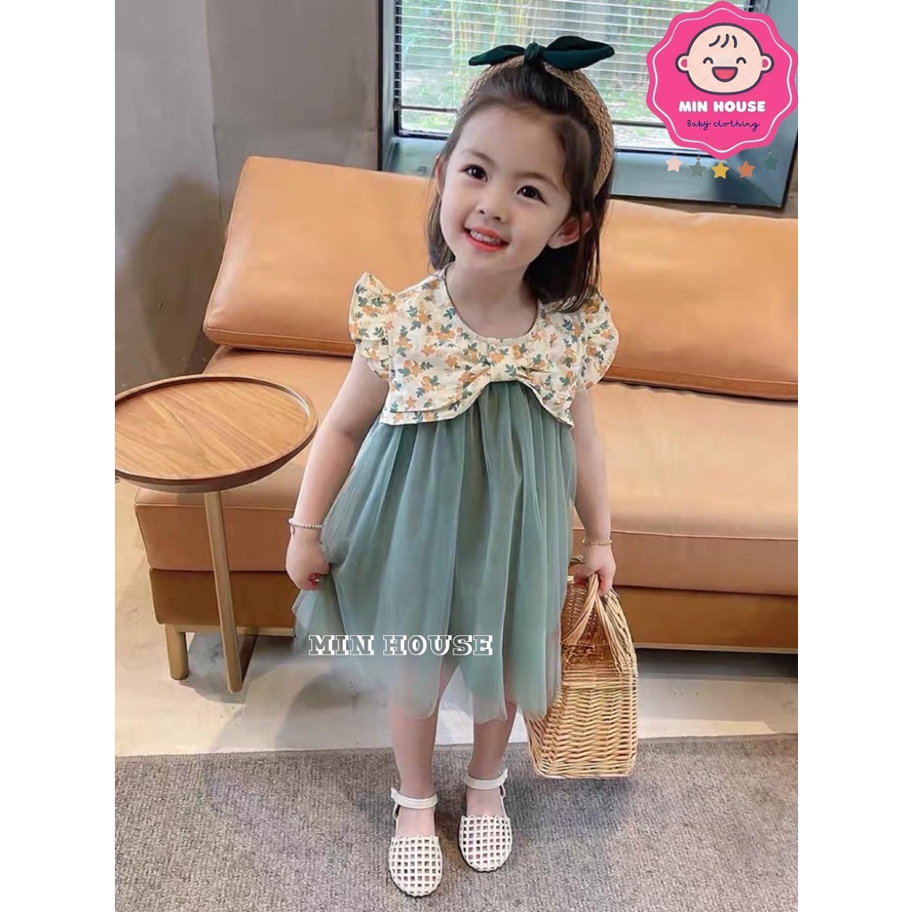 (8-18kg) Váy thô hoa nhí tay cánh tiên phối tùng váy voan 3 lớp cho bé gái diện hè, đi biển, đi chơi