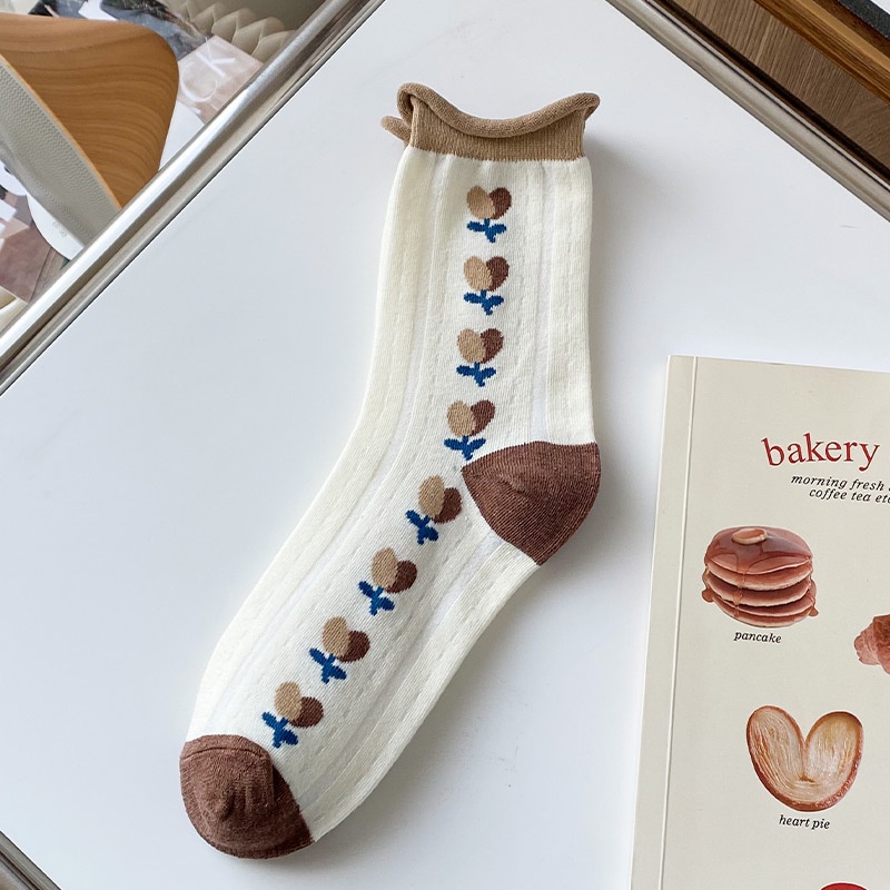 Vớ Cotton Cổ Vừa Họa Tiết Kẻ Sọc / Bông Hoa Phong Cách Nhật Bản Thời Trang Cho Nữ