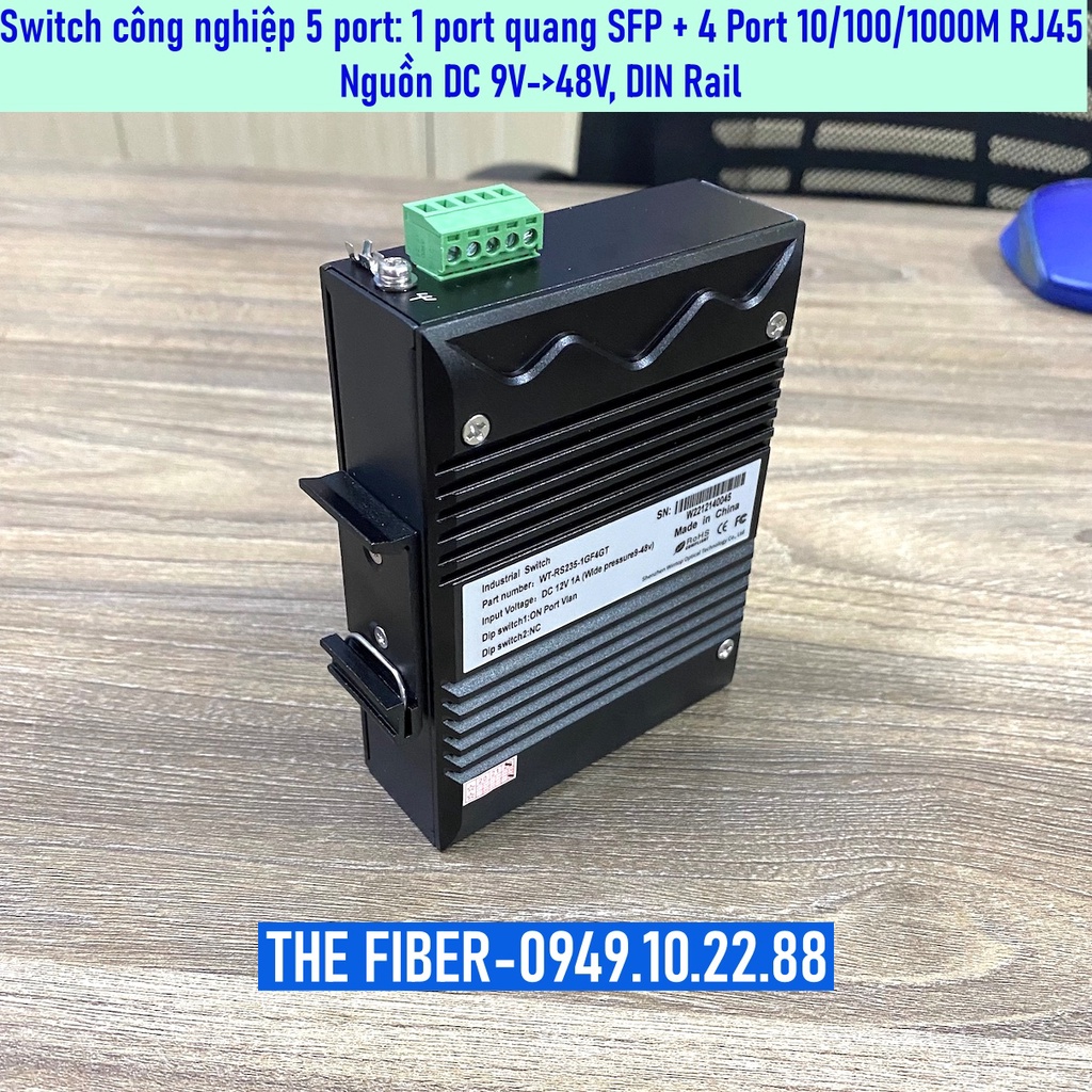 Switch Công Nghiệp 5 Port: 1 Port Quang SFP GE + 4 Port 10/100/1000M RJ45 DIN Rail DC9->48V P/N: WT-RS235-1GF4GT