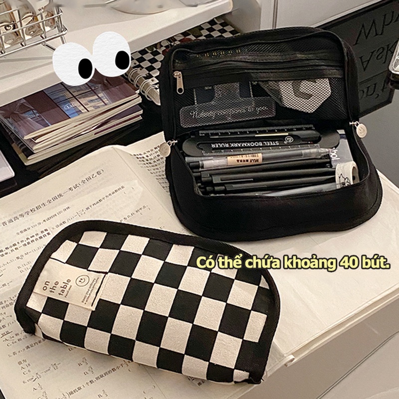 Túi Đựng Bút Bằng Vải Canvas Họa Tiết Caro Dễ Thương