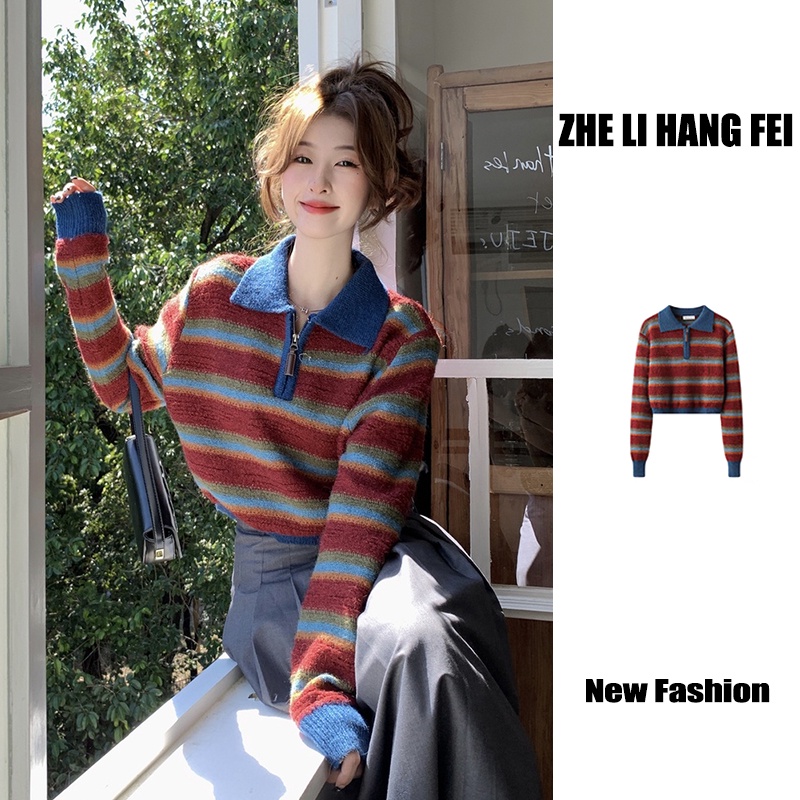 ZHELIHANGFEI Áo Sweater Cổ POLO Lưng Cao Dáng Rộng Họa Tiết Kẻ Sọc Phong Cách Retro Cao Cấp