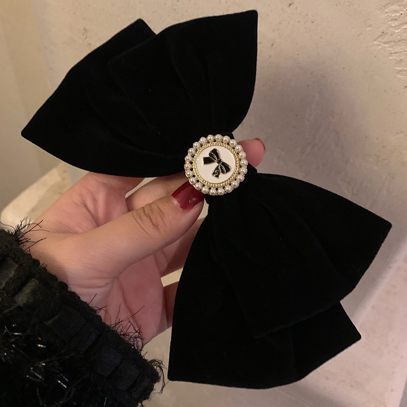 Nơ kẹp tóc nhung bản to đính tag hình tròn hoạ tiết nơ N68