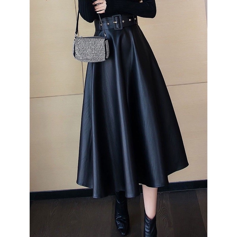 Chân váy da dáng dài qua gối phong cách thời trang phương tây cho nữ