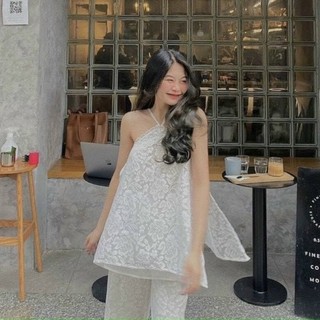 Set áo yếm ren hoa nổi + Quần suông ren trắng