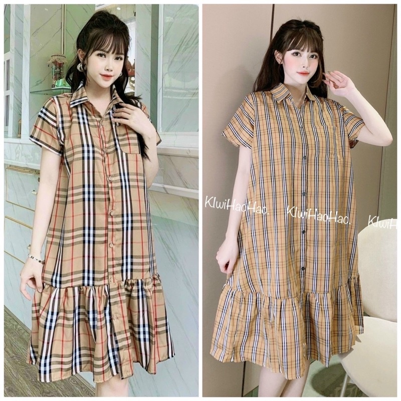 Đầm/Váy Bầu Hoạ Tiết Kẻ Cổ Sơ Mi Dáng Đuôi Cá